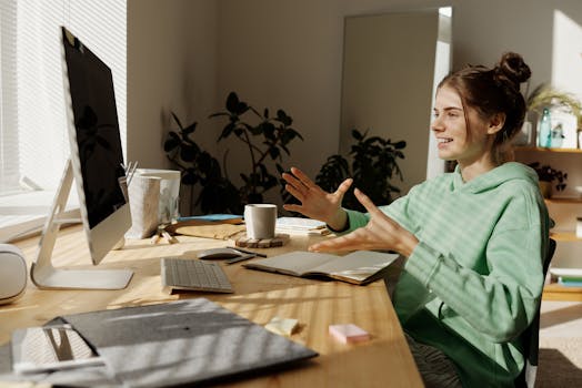 A Woman in Green Hoodie Sitting Near the Table while Having Conversation Through Her Desktop